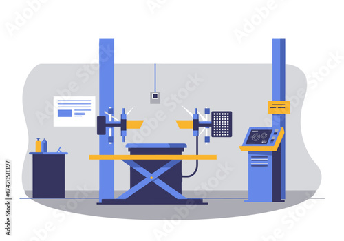 Modern car service station with advanced wheel alignment equipment and diagnostic tools.