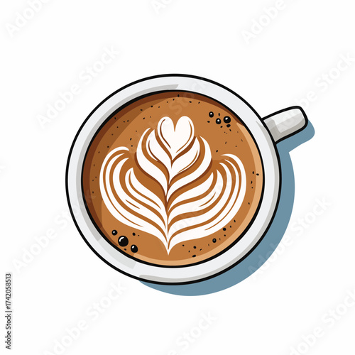 Steaming cup of black coffee with latte art in a mug