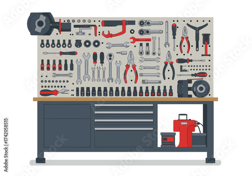 Workshop Workbench with Tools and Drawers.