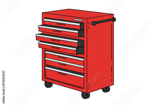 Red rolling tool cabinet with multiple drawers isolated on white.
