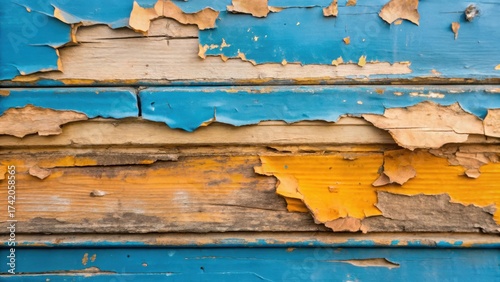 A faded paintwork with peeling and cracks revealing a once-vibrant color