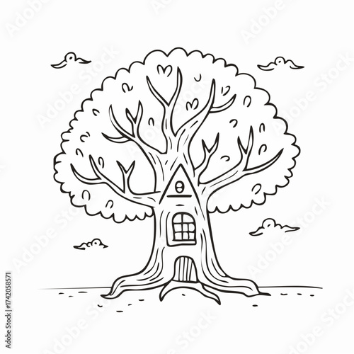 Old massive tree with a tiny house built into its trunk and branches