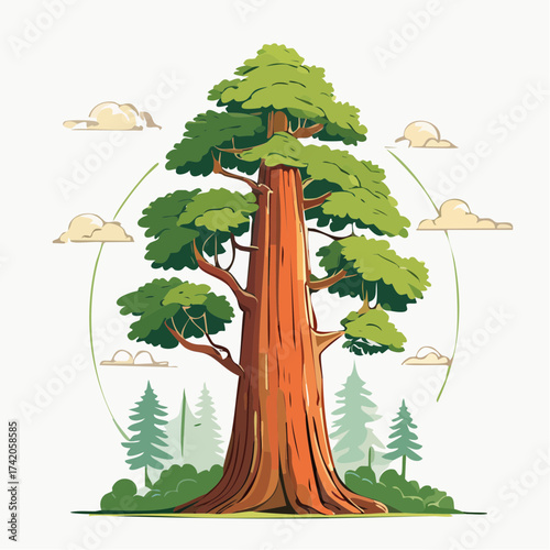 Gigantic redwood tree standing tall among smaller evergreens and clouds