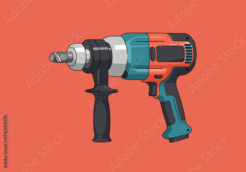 Illustration of a powerful cordless power drill with a teal and orange body.