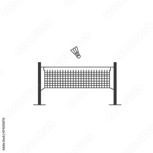 A simple line art illustration of a badminton net with a shuttlecock in the air above it.