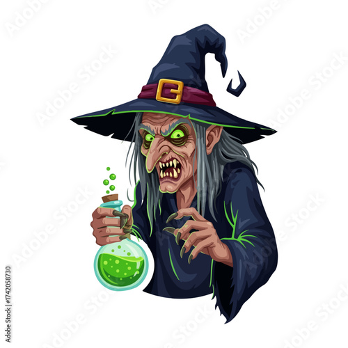 Spooky Halloween Witch Vector with Potion Bottle, Cinematic Eerie Detail
