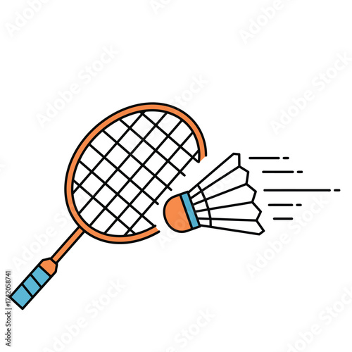 Dynamic illustration of a badminton racket hitting a shuttlecock in motion, representing active sports and recreation.