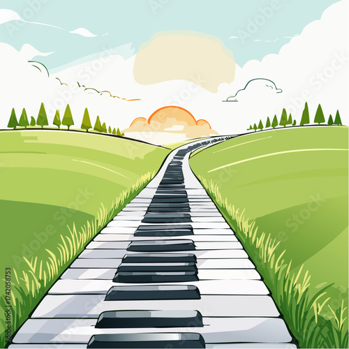 Piano keyboard road extends toward the horizon on a sunny day in a field