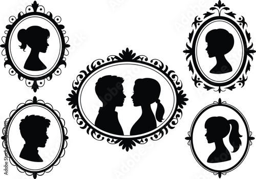 Vintage cameo portraits, elegant silhouette frames, man and woman side profiles, Victorian style art, antique design, decorative borders, romantic couple, retro illustration