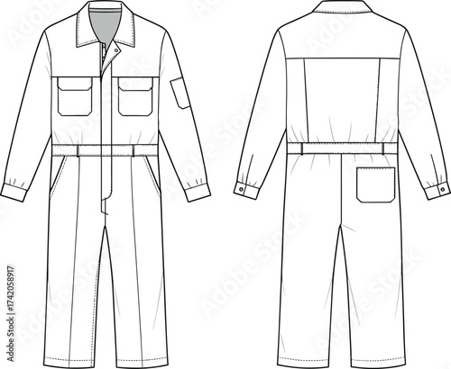 Jumpsuit front and back view, fashion flat sketch, technical apparel template, vector clothing design, garment construction drawing, tailored outerwear illustration, CAD fashion drawing