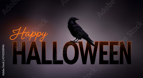 Spooky Neon Halloween Night with bird, halloween background with crow