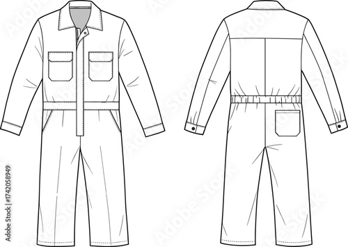 Coverall front and back view, fashion flat sketch, technical apparel template, vector clothing design, garment construction drawing, workwear illustration, CAD technical drawing
