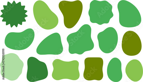 Collection of green abstract shapes on a white background in various sizes and shades of green on transparent background