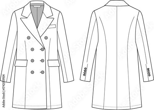 Double breasted coat front and back view, fashion flat sketch, tailored outerwear template, vector clothing design, garment construction drawing, technical CAD illustration
