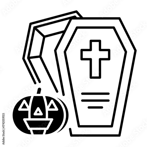 black halloween coffin and pumpkin outline clip art preview