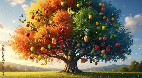 Fototapeta Naklejka Na Ścianę i Meble -  Magical fruit tree adorned with a vibrant array of colorful fruits in a tranquil meadow landscape