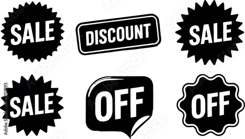 minimalist collection of black and white vector promotional badges and sale discount stickers is ideal for modern e-commerce web design and retail marketing