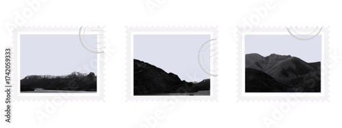 Postage stamp with seal. Mountain peaks, rocky stones, landscape. Contemporary art, philatelic culture, environment. A collection of paper Postage of mountain and rocky slopes. Halftone style, vector.