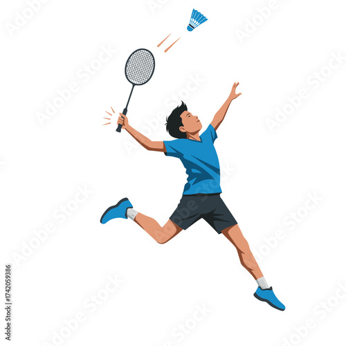 Young boy energetically playing badminton, leaping to hit the shuttlecock with his racket in a dynamic pose.