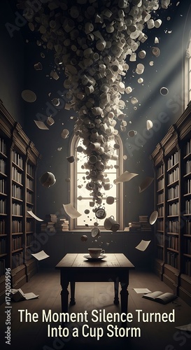 Library Anomaly - A Cup Storm Amidst Silent Shelves.
