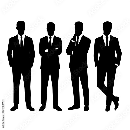 "Four silhouetted businessmen in suits, arranged in a row on a white background, each in a distinct professional pose, minimalist vector style, high contrast black and white."
