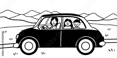 Family travels in a black car with mountain background scenery in a simple cartoon line art style