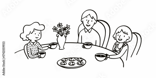 Family sitting at a table with tea cups cookies and flowers in a vase enjoying a pleasant afternoon tea