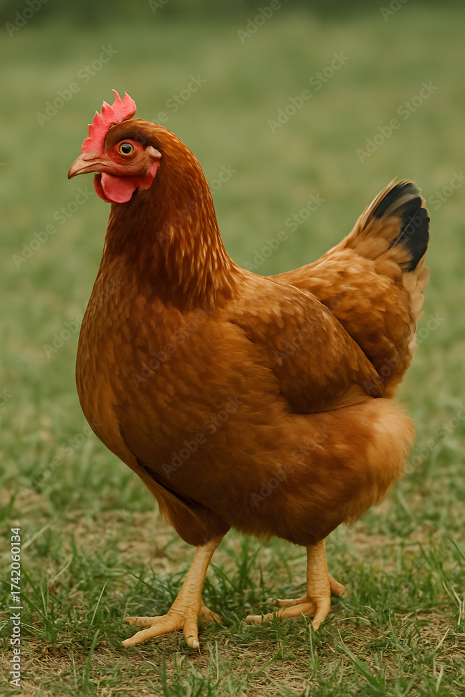 Fototapeta premium A Brown Hen Stands Proudly on a Patch of Green Grass in the Warm Sunlight