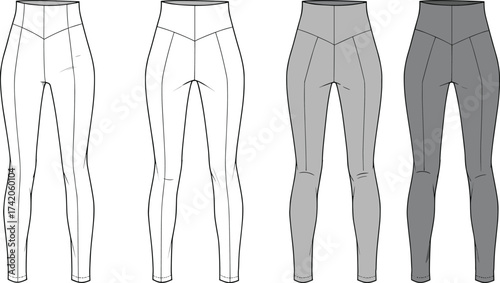 High waisted leggings, fashion flat sketch, technical apparel template, vector clothing design, sportswear illustration, garment construction drawing, activewear fashion CAD