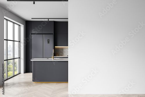 Modern kitchen interior with empty white wall for design poster or artwork mockup template in minimalist apartment scene. 3D Rendering