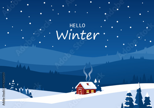 Enchanting winter night scene with a charming snow-covered cabin, glowing warmly amidst a serene landscape of frosted trees and starry skies
