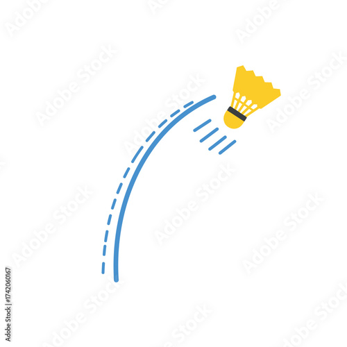 A yellow shuttlecock flies through the air on a curved trajectory, representing a badminton game in motion.