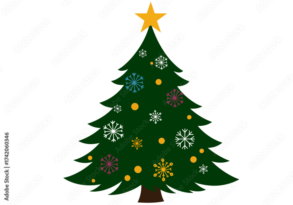 Fototapeta premium Decorated Christmas Tree with Star and Snowflakes Illustration.