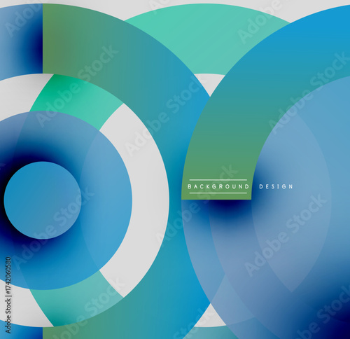 Abstract circles overlap, creating vibrant gradients. Blue, teal, white hues dominate composition. Modern design element.