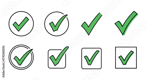 Collection of green check mark icons in circles and squares for approval and success vector