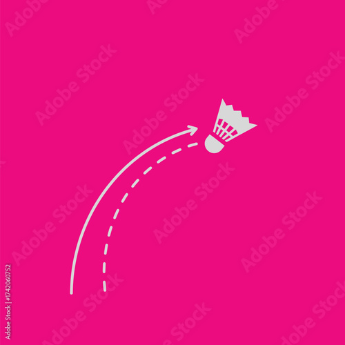 A white badminton shuttlecock in flight follows a curved trajectory against a vibrant pink background.