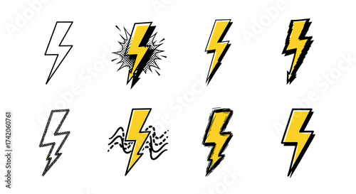 Collection of energetic lightning bolt symbols and icons with artistic flair vector