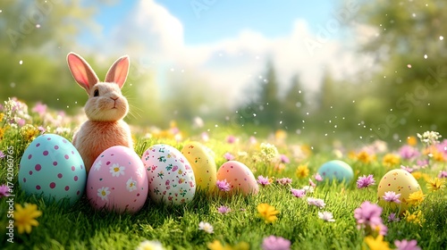 Colorful Easter scene with a bunny and decorated eggs in a sunny meadow filled with flowers