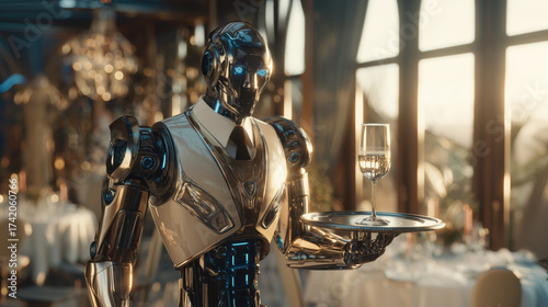 Humanoid Robot Waiter Serving White Wine or Champagne in a High-Class Restaurant