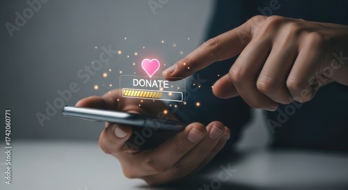 Mobile Charity Giving A person uses a smartphone for online donations and supports charitable causes via mobile app