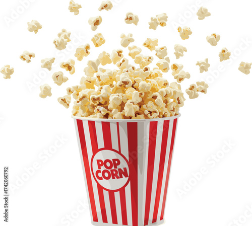 Popcorn bucket vector illustration, red white striped container, flying popcorn snack, cinema food, movie night treat, entertainment concept, isolated graphic