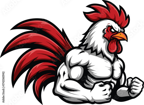 Muscular rooster mascot, aggressive chicken character, bodybuilding animal illustration, strong poultry logo, fierce farm bird vector, gym sports branding design