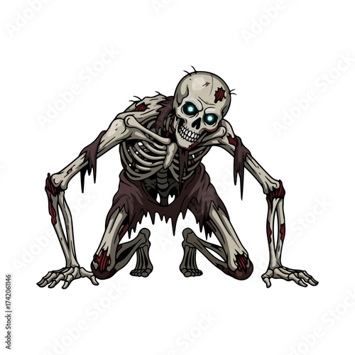 Creepy Broken Skeleton Zombie Vector with Glowing Eyes