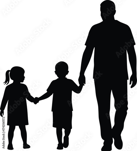 Family walking silhouette, adult with children, holding hands vector, parent and kids illustration, cad drawing flat vector illustration, emotional bond artwork