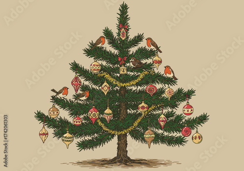 Decorated Christmas Tree with Ornaments and Robins Illustration.