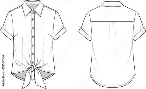 Short sleeve button-up shirt sketch, front tie detail, cuffed sleeve, yoke back, pleat, cad drawing flat vector illustration