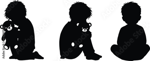 Children silhouette sitting with teddy bear, emotional posture, childhood innocence, black vector art, minimalist kids illustration, comforting toy, isolated white background