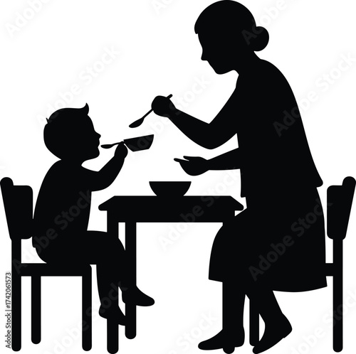 Mother feeding child vector illustration, family mealtime silhouette, parent care, bonding, parenting concept, love and nurture at dining table.