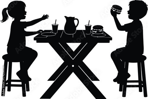 Kids eating together vector illustration, children at dining table, meal time, food sharing, happy childhood moment, silhouette black design isolated.