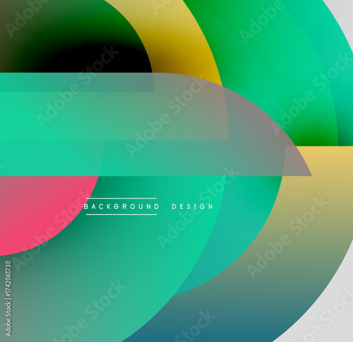 Abstract colorful design. Overlapping shapes create dynamic visual effect. Gradient hues blend smoothly, offering modern aesthetic.